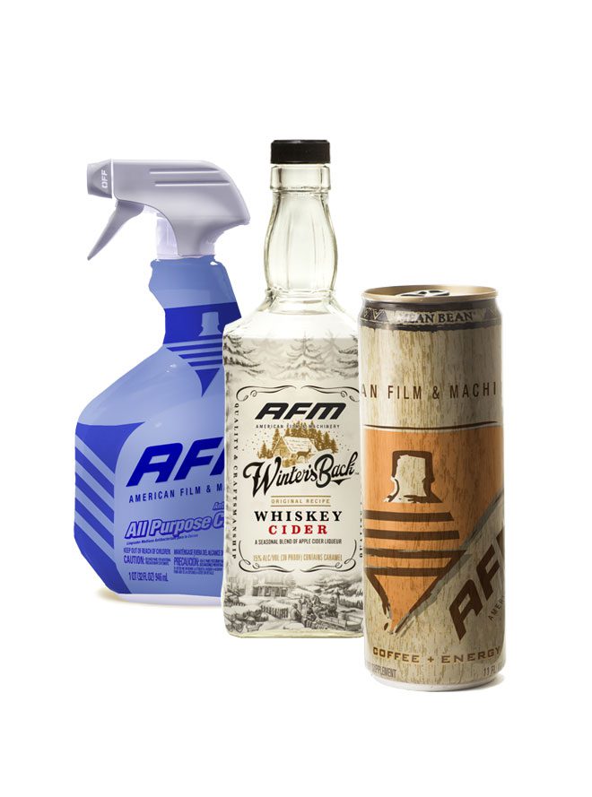 Beverages and a household cleaning product with shrink sleeve labels