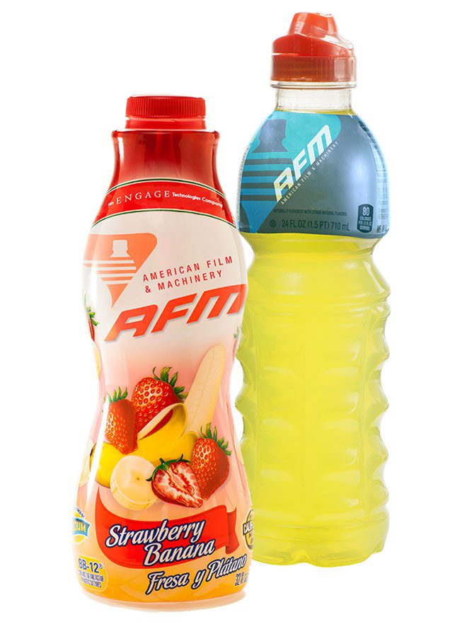 One beverage with a full-body shrink sleeve label and one beverage with top-sleeve label